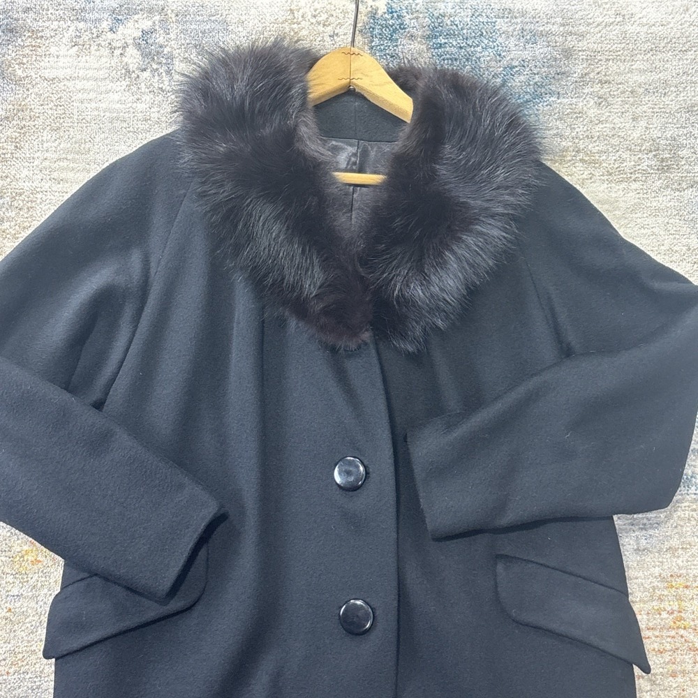 Vintage 50s 60s Women's Black Wool Coat Fur Collar Union Made Small MCM